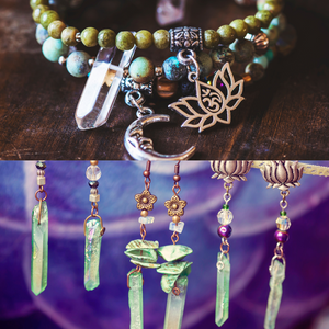 Bohemian Crystal and Stone Jewelry - Handcrafted beaded bracelets with natural stone accents and silver charms, paired with unique crystal and metal earrings, reflecting an artisanal spirit and support for anti-child trafficking initiatives.