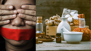Left: Blindfolded individual symbolizing the fight against child trafficking. Right: Holistic health products including herbs, oils, and mortar and pestle.