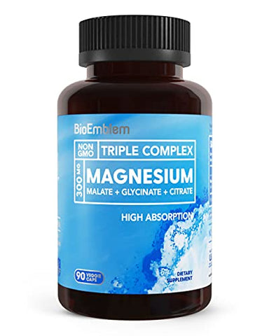 🌿💊 BioEmblem Triple Magnesium Complex | 300mg Blend of Glycinate, Malate, & Citrate | Supports Muscles, Nerves, & Energy | Vegan, Non-GMO - 90 Capsules 💊🌿