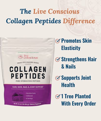 🌟 Live Conscious Collagen Peptides Powder - Natural Hydrolyzed Collagen for Skin, Hair, Nails & Joints - Grass-Fed Type I & III Collagen Supplement - 41 Servings, 16oz