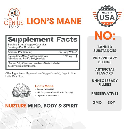 🧠🍄 Genius Lions Mane Mushroom Supplement | Immune & Nootropic Brain Support - 120 Veggie Pills 🍄🧠