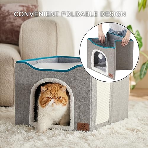 🐱💤 Bedsure Cat Beds for Indoor Cats - Large Cat Cave with Fluffy Ball and Scratch Pad - Foldable Cat Hideaway, 16.5x16.5x13 inches, Grey 💤🐱
