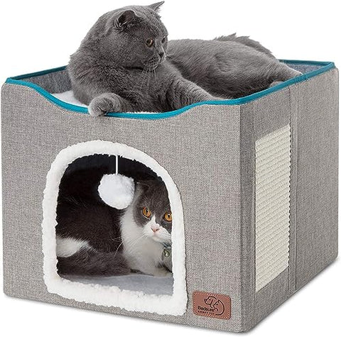 🐱💤 Bedsure Cat Beds for Indoor Cats - Large Cat Cave with Fluffy Ball and Scratch Pad - Foldable Cat Hideaway, 16.5x16.5x13 inches, Grey 💤🐱
