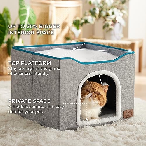 🐱💤 Bedsure Cat Beds for Indoor Cats - Large Cat Cave with Fluffy Ball and Scratch Pad - Foldable Cat Hideaway, 16.5x16.5x13 inches, Grey 💤🐱