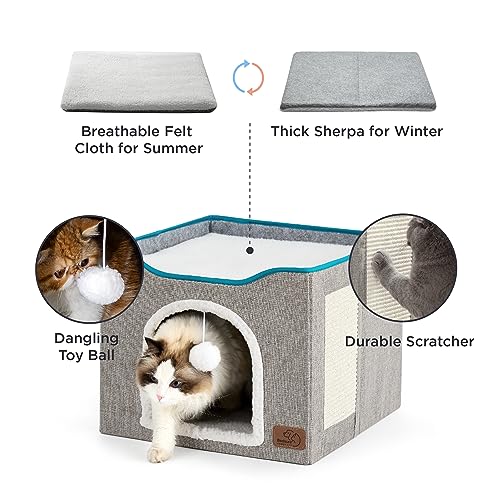 🐱💤 Bedsure Cat Beds for Indoor Cats - Large Cat Cave with Fluffy Ball and Scratch Pad - Foldable Cat Hideaway, 16.5x16.5x13 inches, Grey 💤🐱